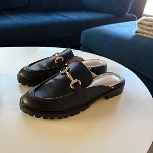 Sincerely Jules Black Mules with Gold Buckles